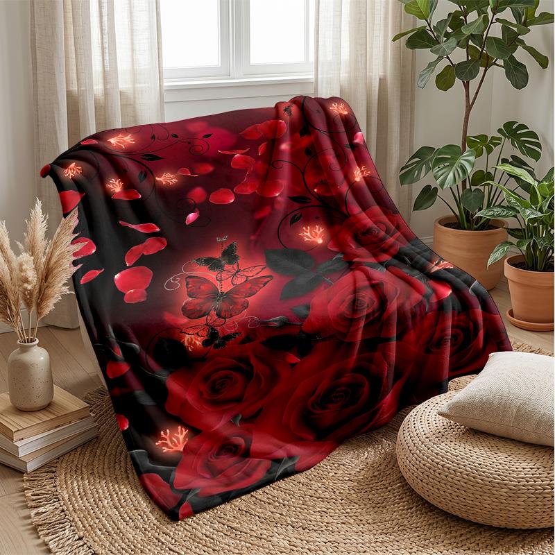 Red Rose with Jeweled Butterflies Theme Blanket Lightweight Warm Flannel Blanket Decorative Throw Blanket for Home Decoration
