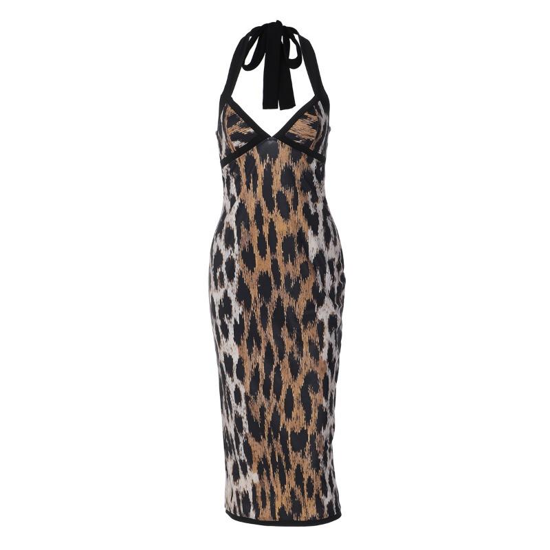New Fashion Sexy Leopard Print Halter Neck Summer Tube Dress Slim Fit Spice Girl Sleeveless Party Evening Dress Elegant Backless Clothes