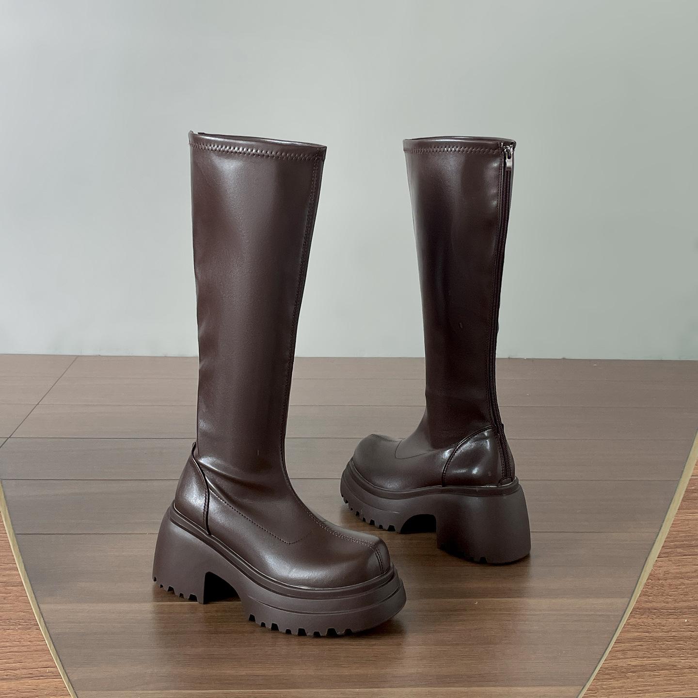 

Black retro thick-heeled platform boots women s boots 2025 new autumn with skirt slimming and heightening knight boots 39 коричневый