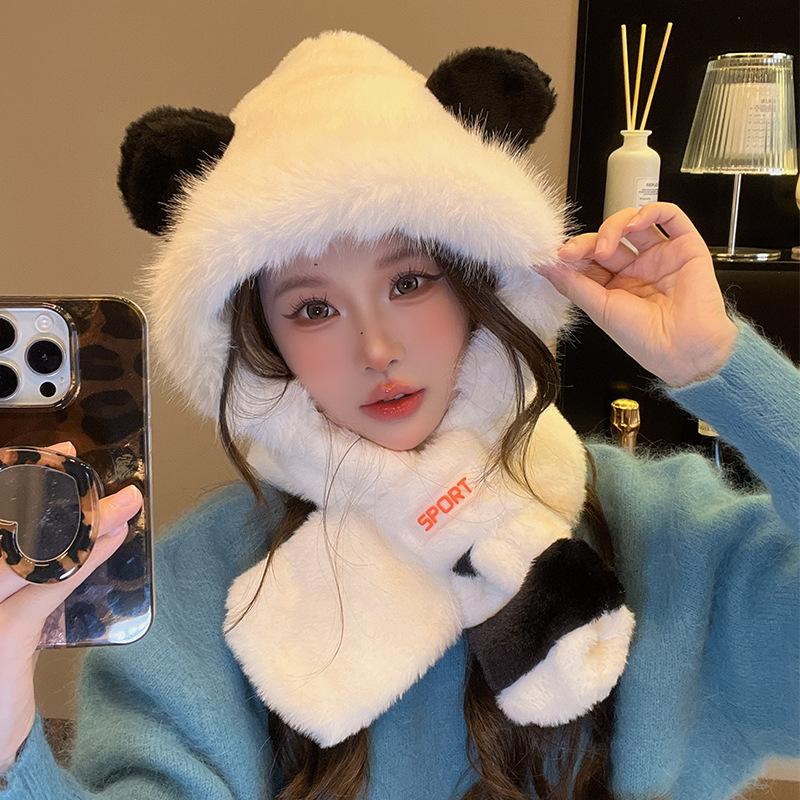 

Милая плюшевая шапка-шарф с ушками панды для женщин, новая осенне-зимняя, для улицы, теплая, с защитой от холода для ушей, шапка Лей Фэна