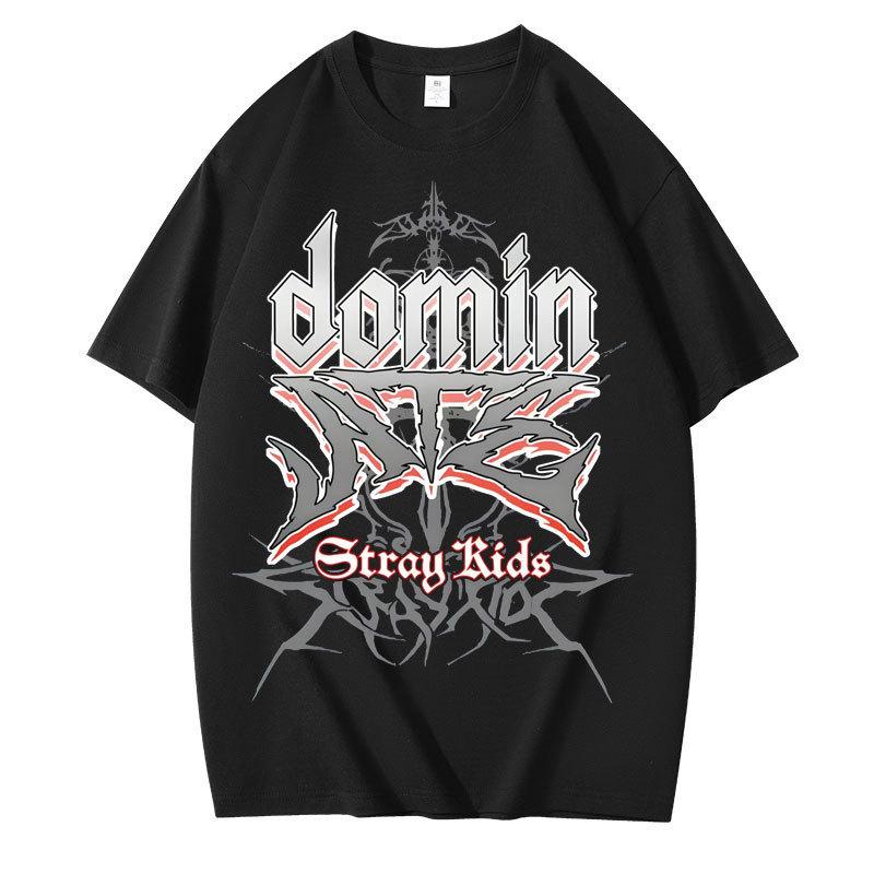 Stray Kids dominATE T‑Shirt Front Domin ATE Gothic Lettering with Red Outline & Stray Kids Script with Tribal Wing Background, Oversized K‑Pop Fan Tee