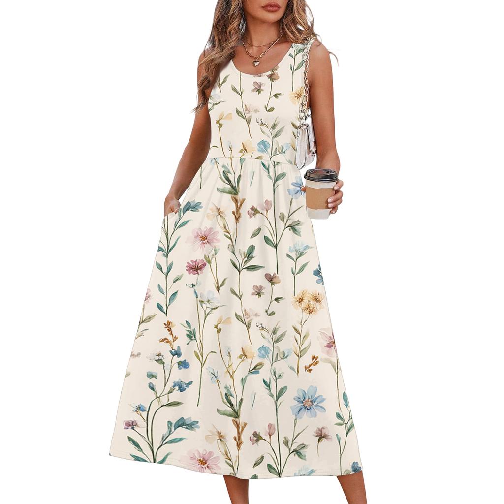 Fashionable women's summer dress with floral print, flowy casual , perfect for beach vacations, sundress with pockets.