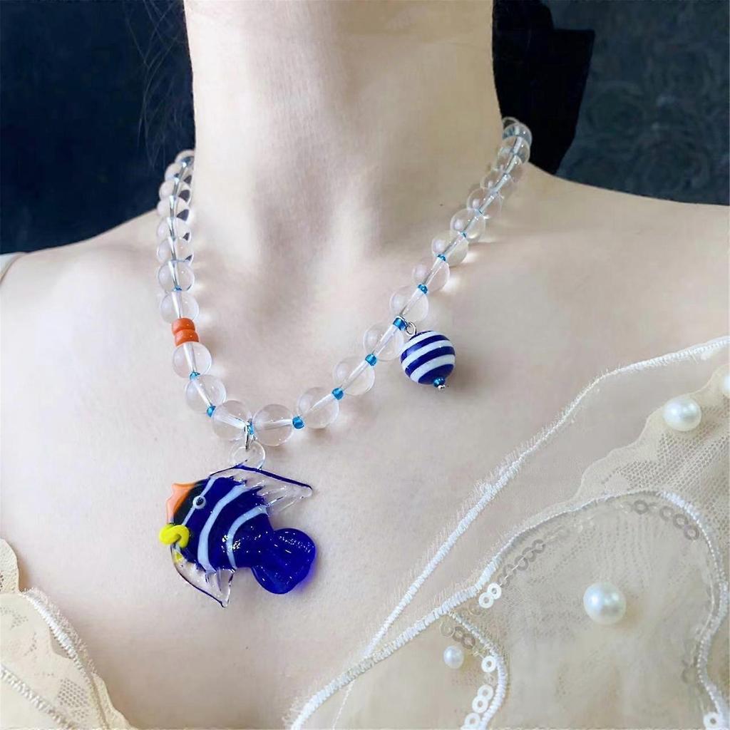Elegant Blue Fish Pendant Necklace Adjustable Chain Necklace Glass Charm Necklace Fashion Accessory Present for Women