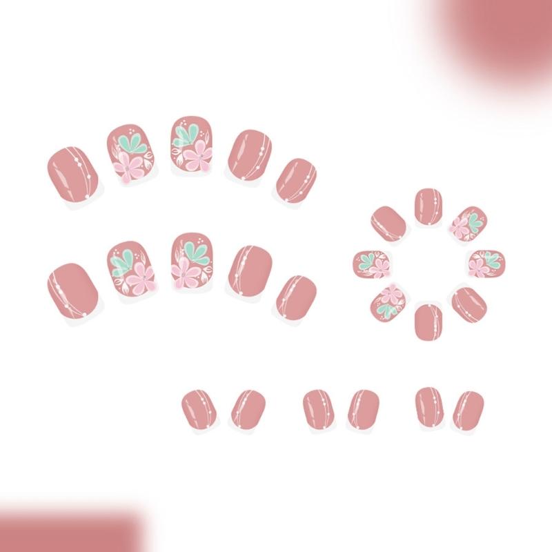 24Pieces Artificial Nail French Tip Pink Flower Glittering Press stick Nail for Women Party and Date Event