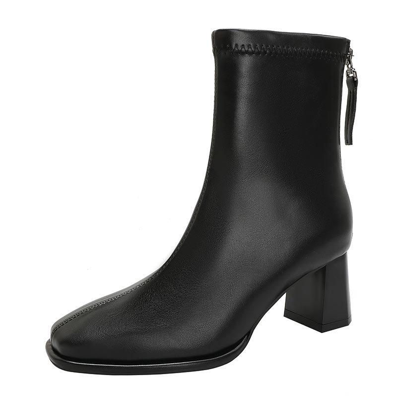 High-heeled short boots women's 2025 new autumn and winter mid-tube fashion boots square head thick heel thin boots brown French short boots