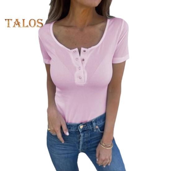 Dame T-skjorte O-hals Knapper Halv knepping Kort ermet T-skjorte Ensfarget Slim fit Pullovertopper Hverdagsbruk