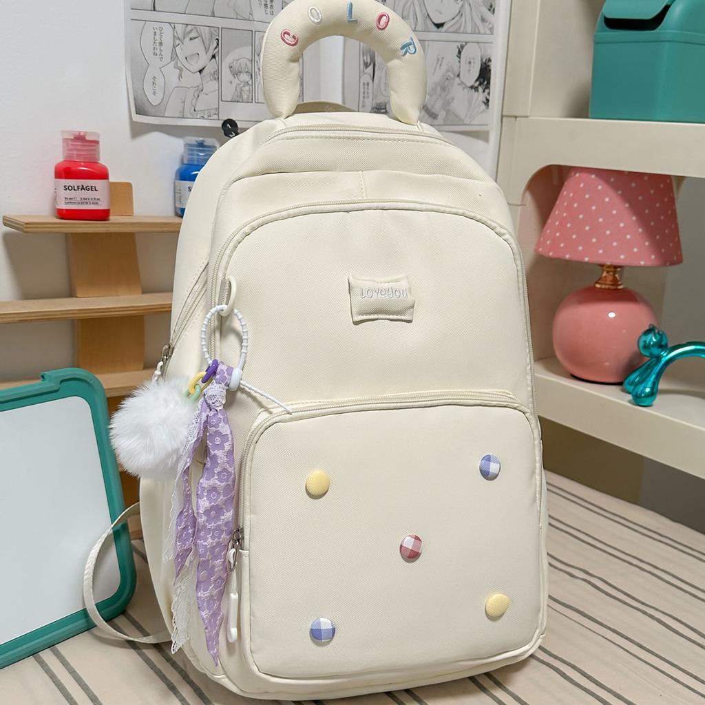 Schoolbag Macaron Color Button Backpack Female, Korean ins Girl Large Capacity School Bag, Junior High School Student