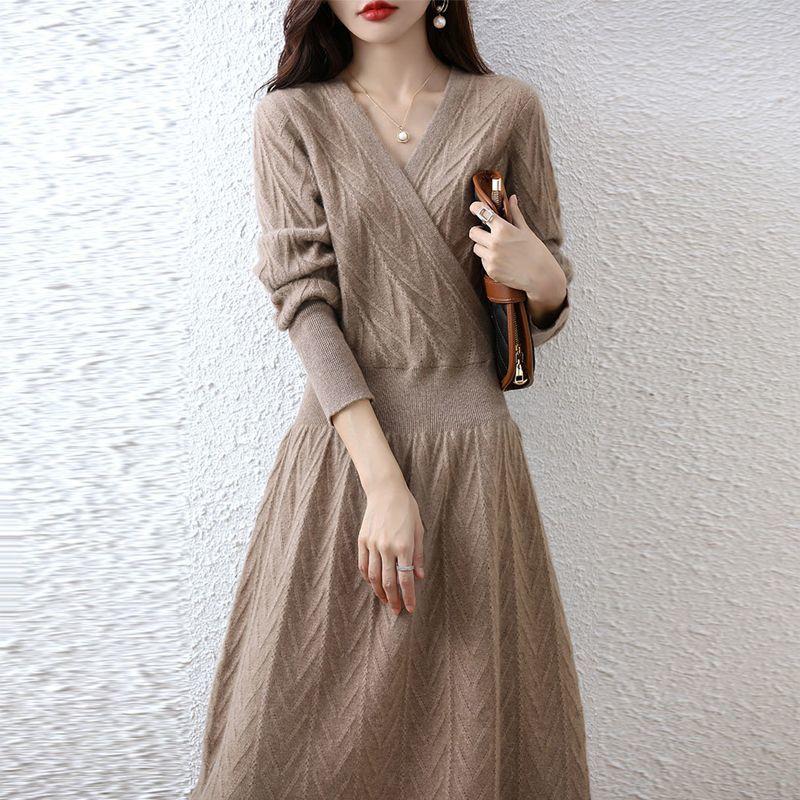 

Вязаное платье с длинным рукавом для женской осени и зимы, пуловер с V-образным вырезом, длинное платье-свитер, свободный вязаный свитер с длинным рукавом L хаки