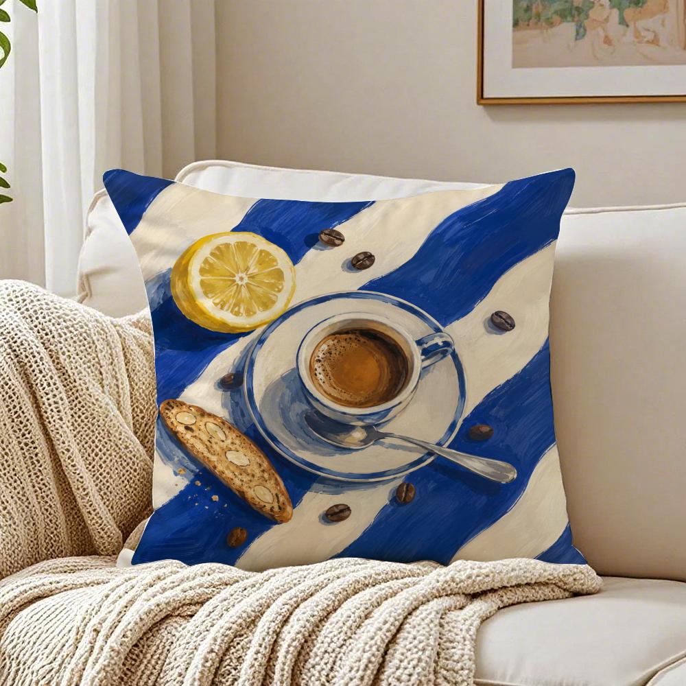 Gouache Painting Picnic Coffee Food Cushion Cover Breathable Cushion Covers Machine Washable Wrinkle-Resistant Soft Durable