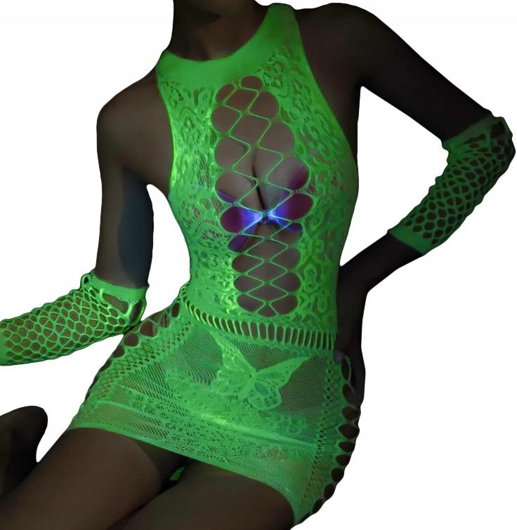 Glow in the Dark Mesh Bodystocking with a Hole Reflective Dress