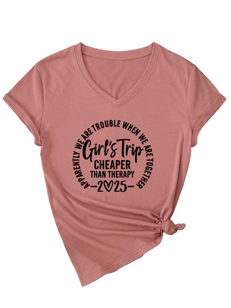 Inspirational Text Printed Top Loose Casual Simple V-neck Short Sleeved Women's T-shirts