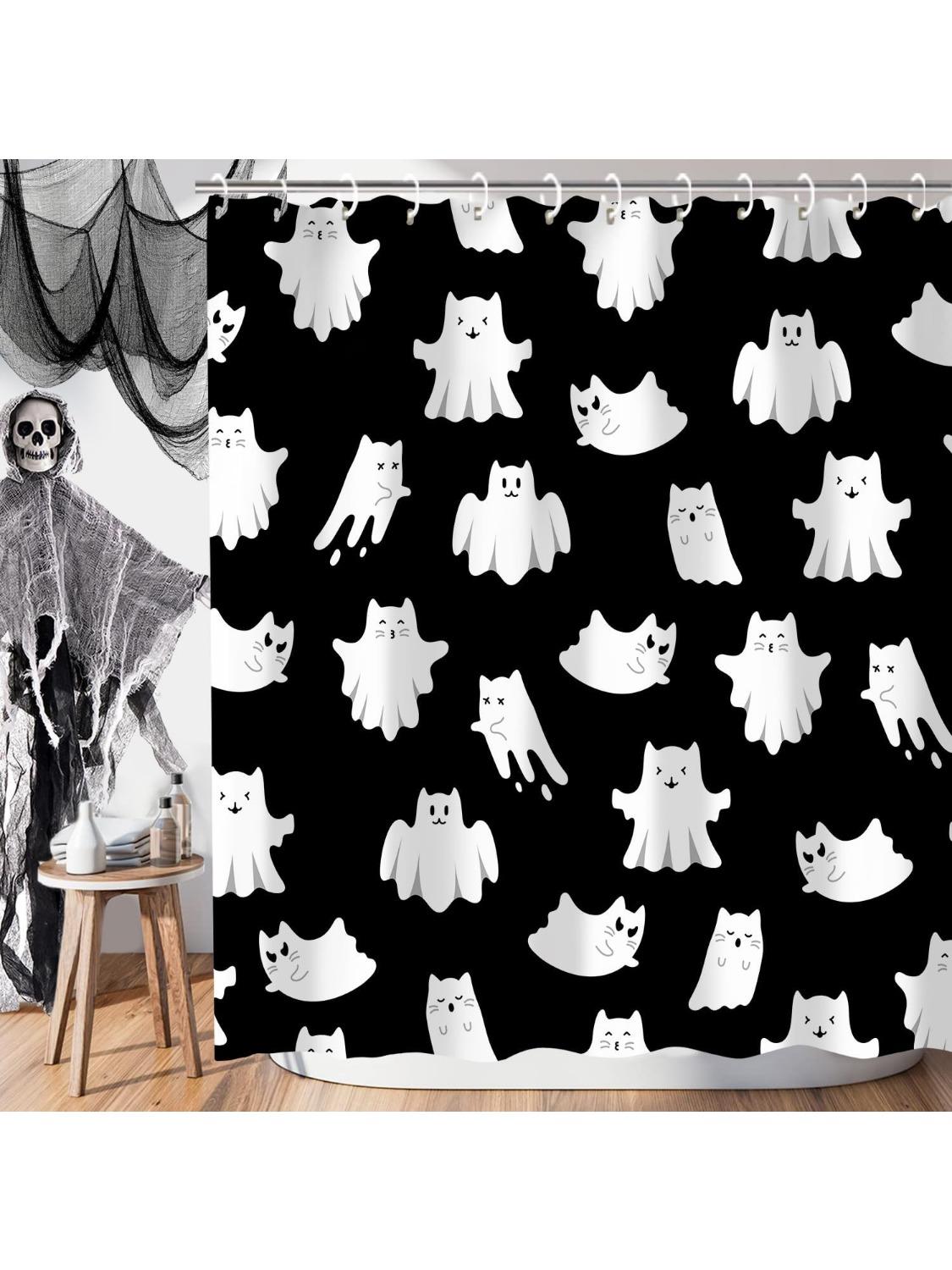 

Halloween Shower Curtain Waterproof Cute Spooky Ghost Cat Shower Bathroom Curtain Decor, Funny Halloween Shower Curtains For W60H190(CM)-1 Pcs