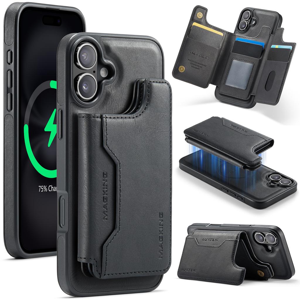 MAGKING K3 Series For iPhone 16 Plus Case Compatible with MagSafe Wallet PC+TPU+PU Phone Cover