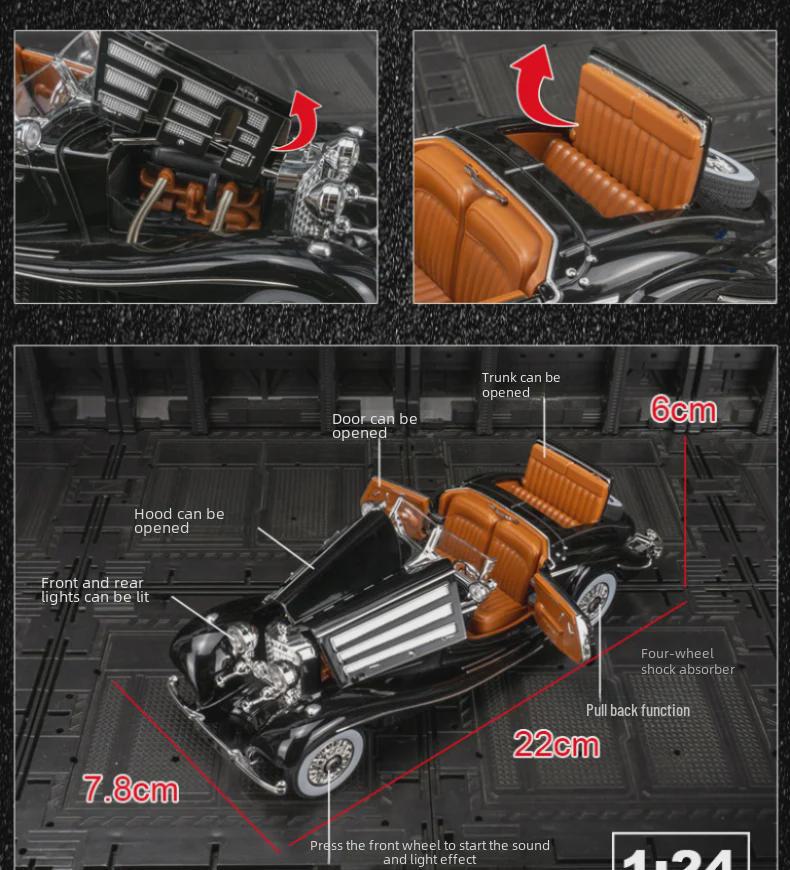 Jinlifang 1901-350 Legierung Retro Klassisches Automodell mit Sound & Licht