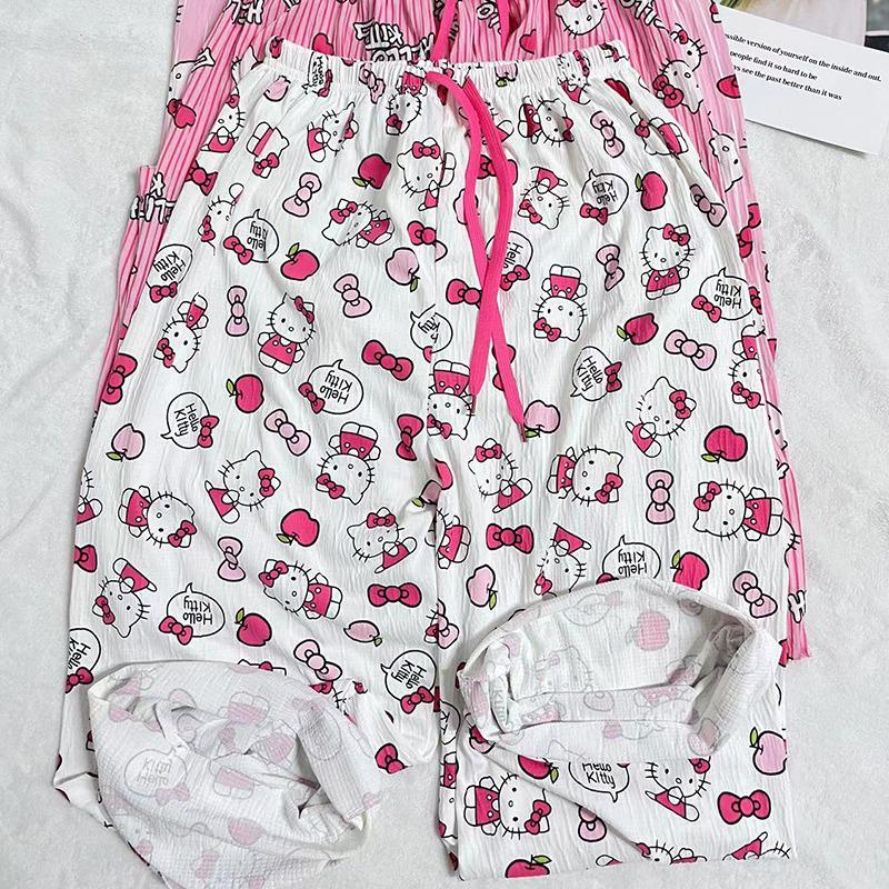 Letnie Spodnie Piżamowe Hello Kitty w Koreańskim Stylu dla Kobiet - Urocze, Luźne i Nadające Się do Noszenia na Zewnątrz.