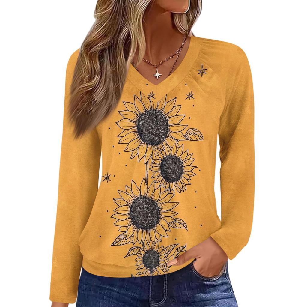 Women's Casual Fashion V-Neck Raglan Pleated Floral Print Long Sleeve Top
