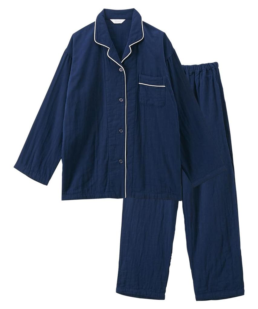 Pajamas and Loungewear Gauze Cotton Pajamas with Collar and Front 4L [Nissen] Set, 3-ply 100% Opening, Navy,