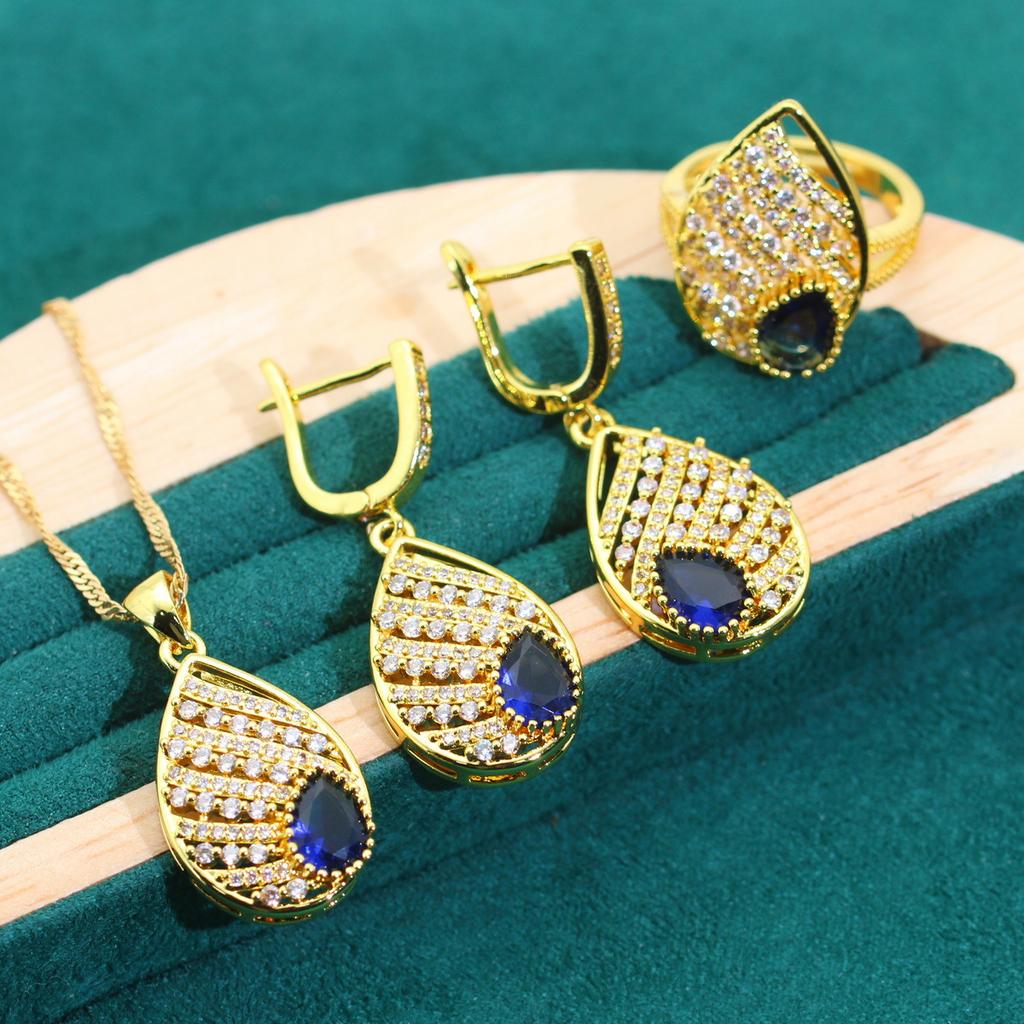 European and N Gold Inlaid Blue Crystal Earrings Atmosphere Fashion Party Wedding Lady Wedding Jewelry Set Sapphire