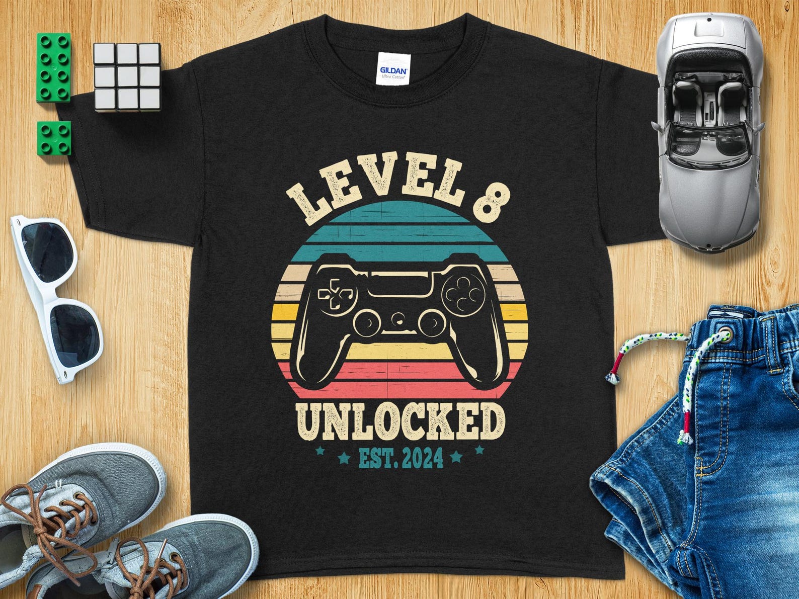 Level 8 Unlocked Est. 2024 T-Shirt, Gamer Birthday Shirt, Retro Gaming Tee, Funny Video Game Gift, Gaming Party Apparel, Level Up Shirt S