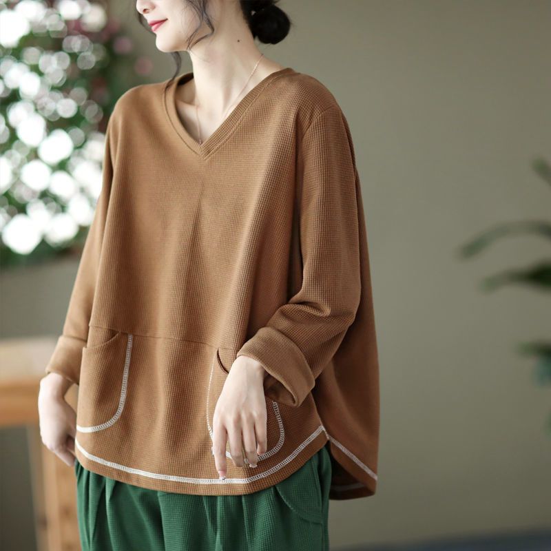 

Литературная мода вафельный повседневный свитер весенний свободный V-образный вырез с длинными рукавами пуловер футболка XXXL кофейный