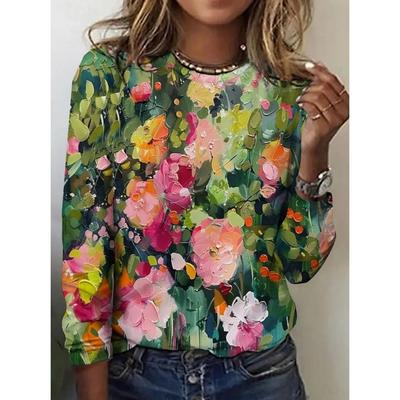 Moda Kadın Vintage Çiçek Grafik O-Yaka Uzun Kollu Tişört Günlük Üstler Kadın Giyim Harajuku Kadın Giyim Kazak