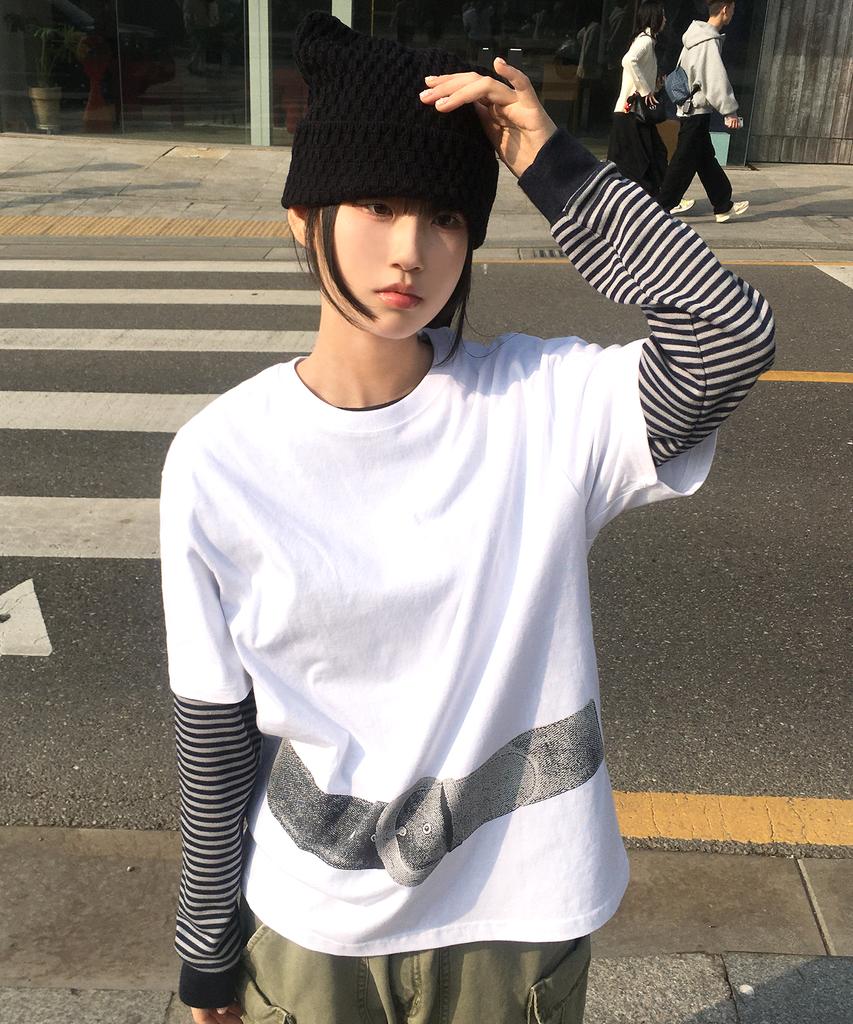 Mimdeowodeulobeu [Ssukkare X Mimde] Ssukkare Belt Print Oversized T-Shirt_White