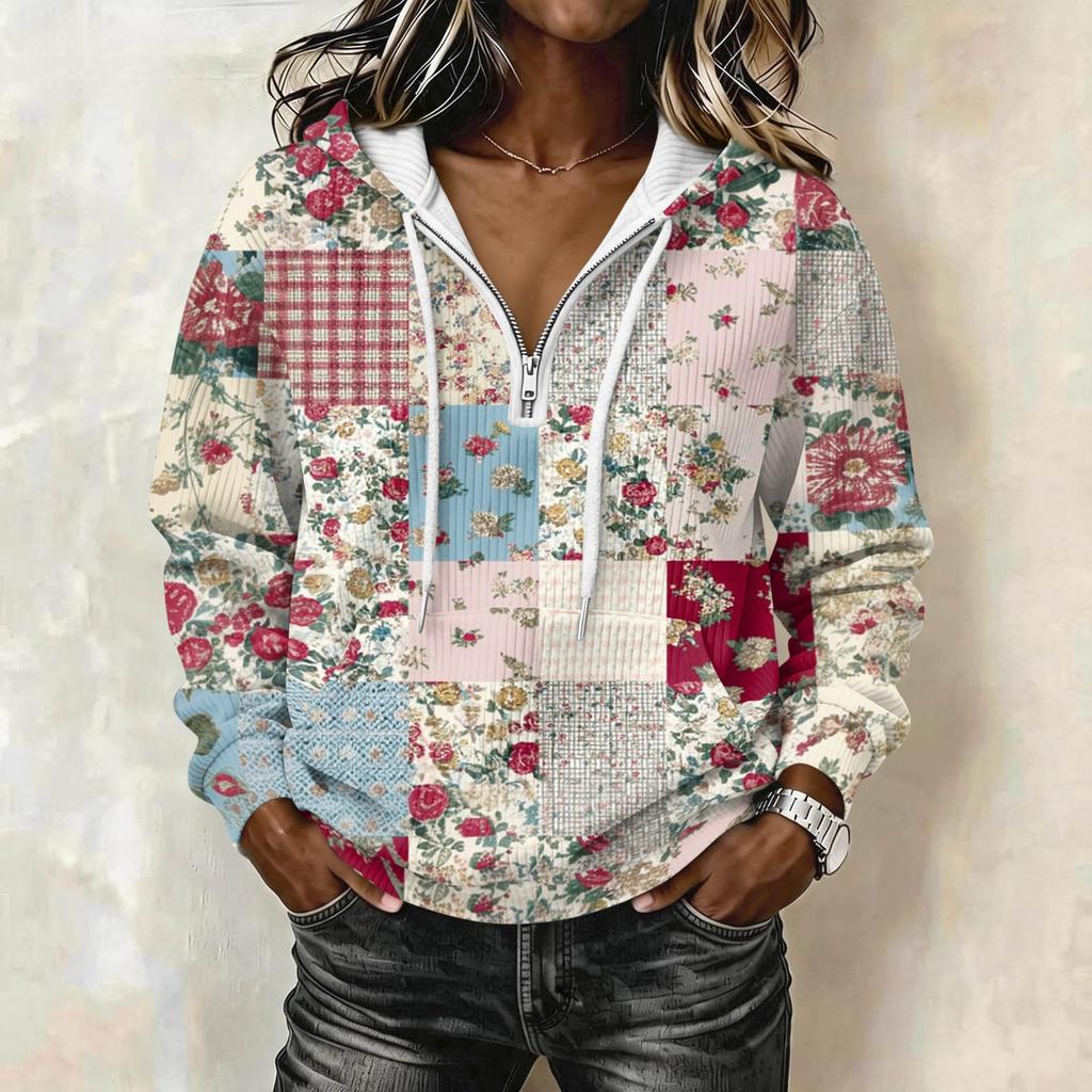 Women's Long Sleeve Patchwork Print Hoodie with for Casual Wear