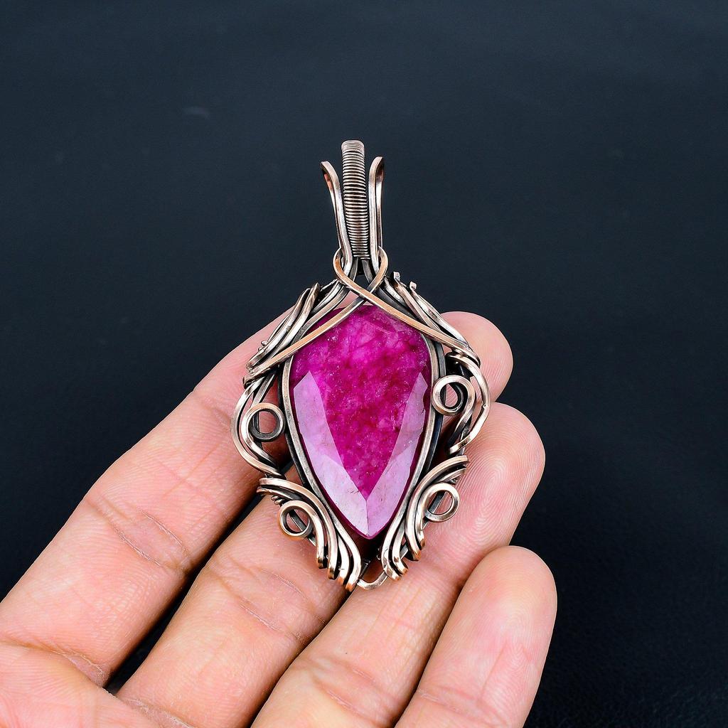 Ruby 999 Copper Wire Wrapped Pendant, Handmade Gemstone Pendant Jewelry, Gifts For Wife Brand New Pendant