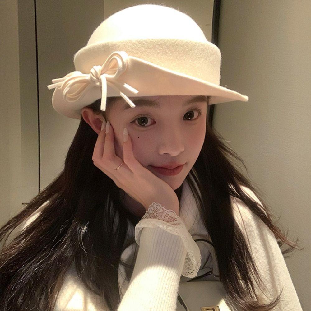Round Rolled Edge Fedoras Hat Solid Color Round Top Hat Creative Gift Wool Bucket Hat