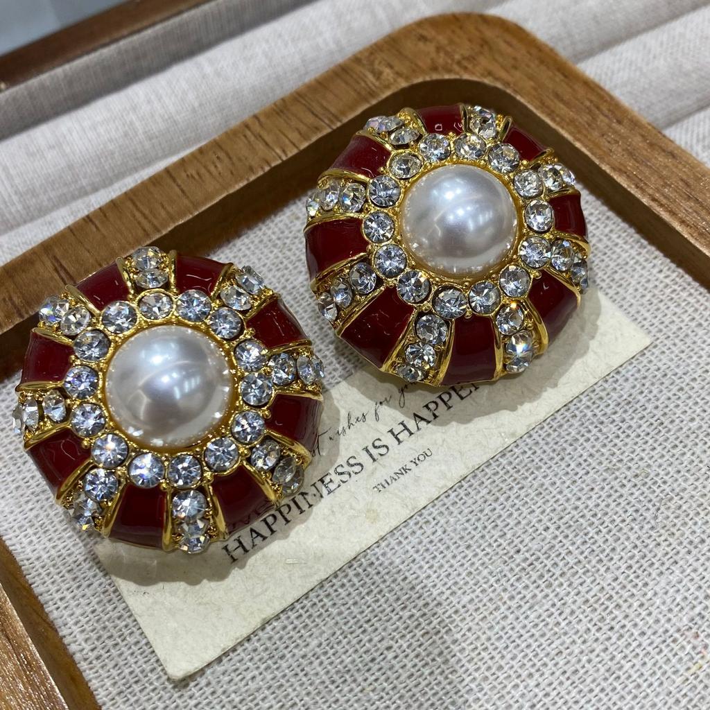 Vintage Enamel Earrings Marking Stud Earrings Vintage Copper Thick Gold Red High-End Medium Antique Jewelry