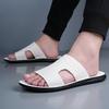 Men Black Leather Slippers Flats Summer Brown Sandals Outdoor White Wide Head Beach Shoes for Father Over Sized 46 47 48