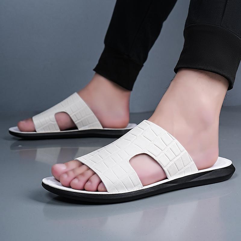 Men Black Leather Slippers Flats Summer Brown Sandals Outdoor White Wide Head Beach Shoes for Father Over Sized 46 47 48