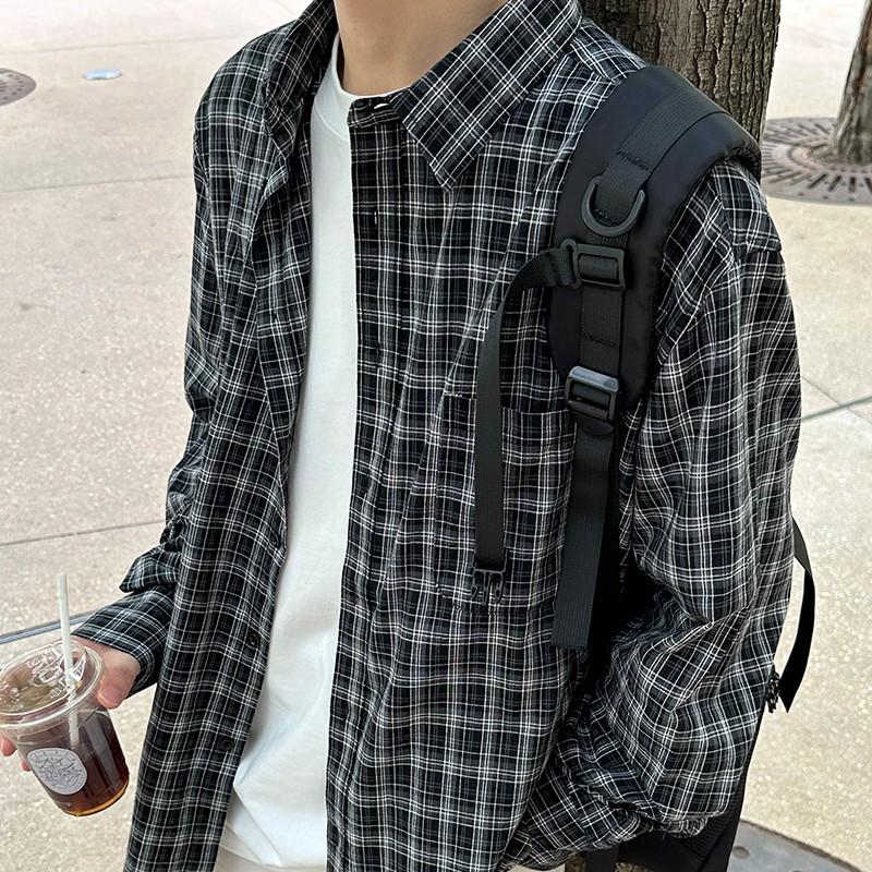 

Unisex Black Plaid Long Sleeve Shirt - Casual Loose Fit for Spring/Autumn, Korean Style Jacket XXL чорний