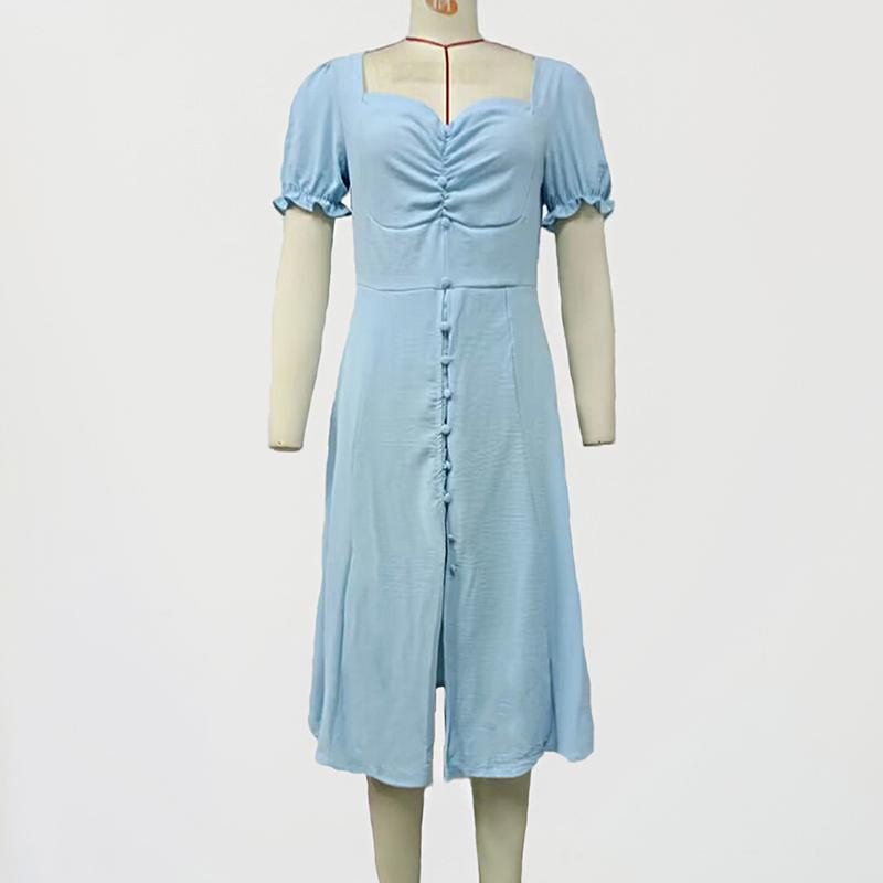 Quadrat Kragen Elegante Frauen Kleid Schlank Einreiher Sexy Puff Sleeve Langes Kleid Frauen Büro Dame Solide A-leinen damen 25821