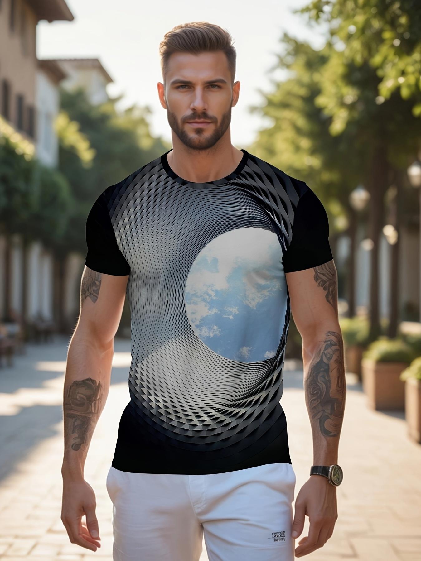 Men s Summer Digital Print Shirt - Casual Short-Sleeve Crew Neck Top, Abstract Pattern, Breathable and Machine Washable S янтарный золота