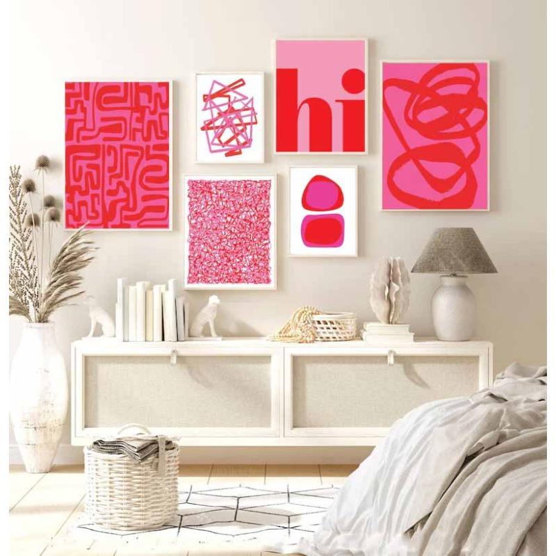 Conjunto Moderno de 8 Impressões de Pôster Linha Abstrata Rosa Vermelha Pintura Hi Canvas Arte de Parede Moderna Galeria Sala de Estar Decoração de Casa