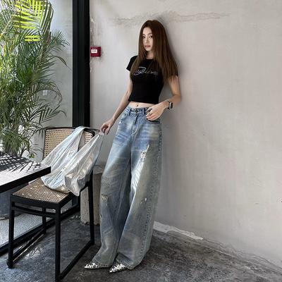 Kadınlar için Retro Yırtık Kot Pantolonlar İlkbahar Bol Slim Yüksek Bel Geniş Paça Kot Pantolonlar Kadınlar için Geniş Paça Kot Pantolonlar Kadınlar için Yırtık Kot Pantolonlar
