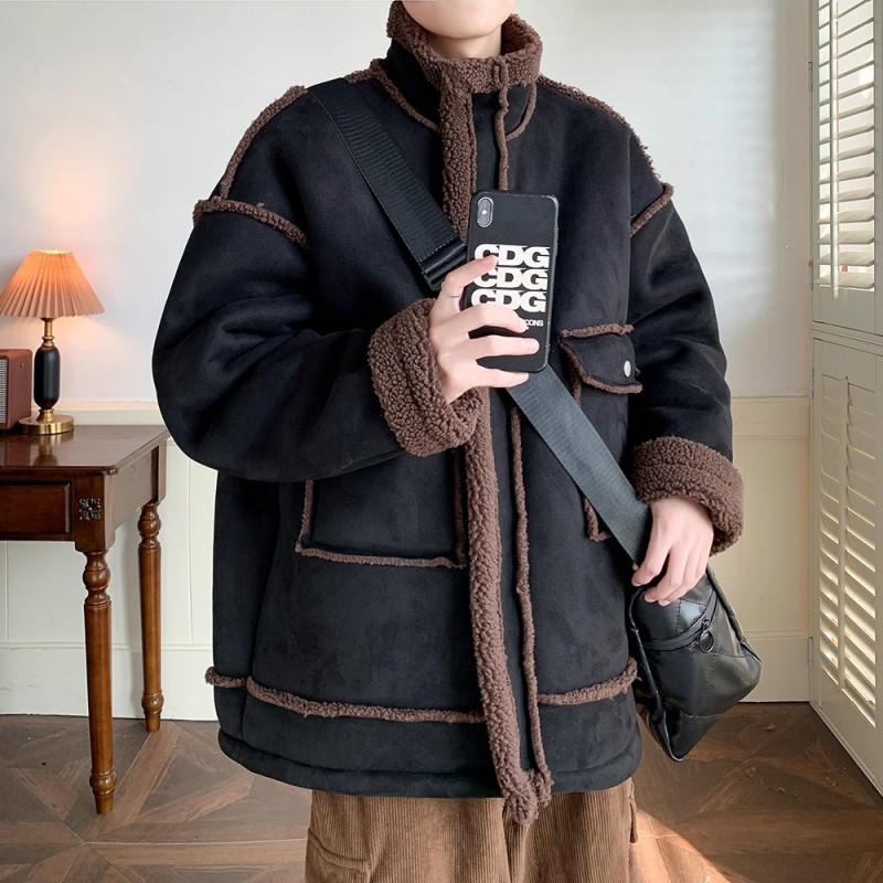 Mens Solid Color Lamb Fleece Puffer Jacket Winter Warm Plus Size Casual Cotton Coat