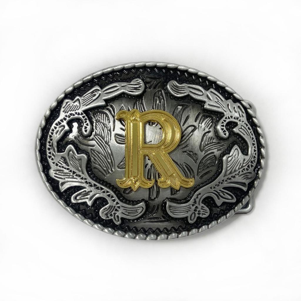 Western Cowboy Ethnic-Style Oval Belt Buckle - English Letters & Tang Grass Pattern Alloy