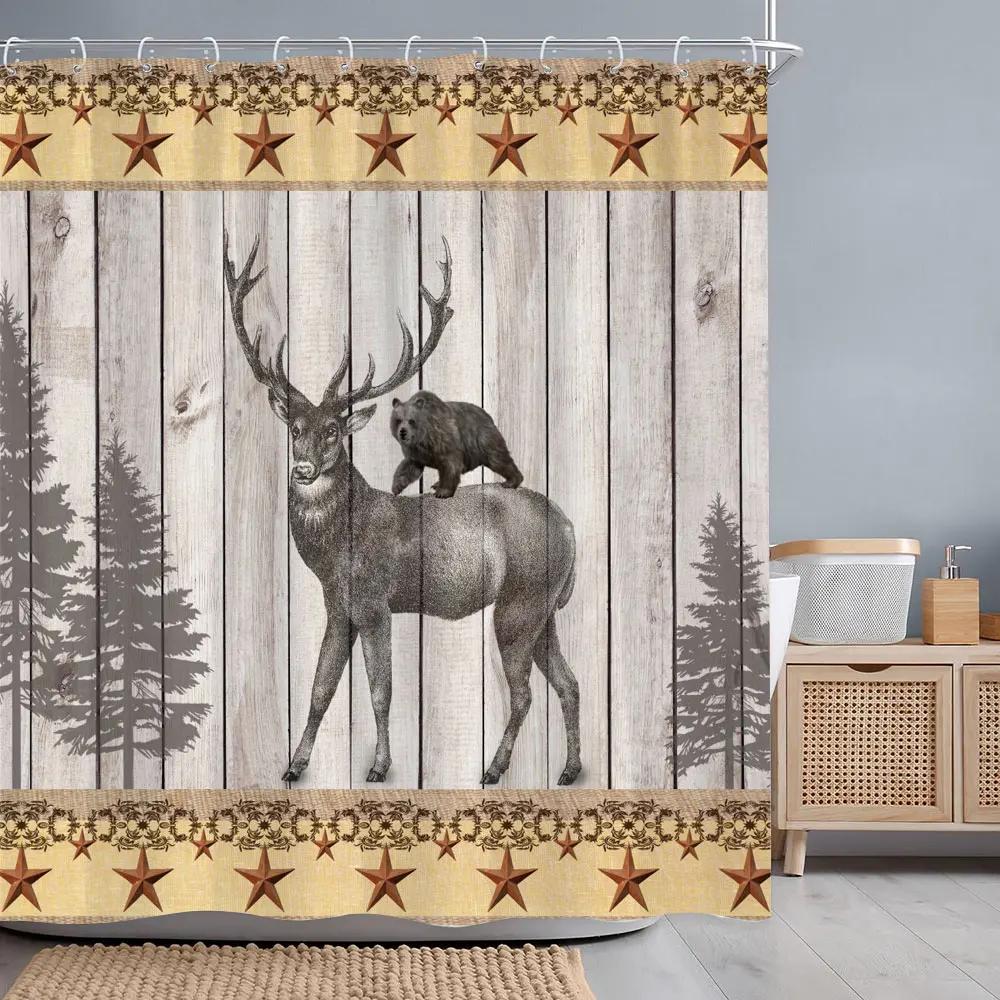 Vintage Brown Bear Shower Curtain Rustic Wooden Panel Texas Star Black And White Check Jungle Fabric Bath Curtain Bathroom Decor