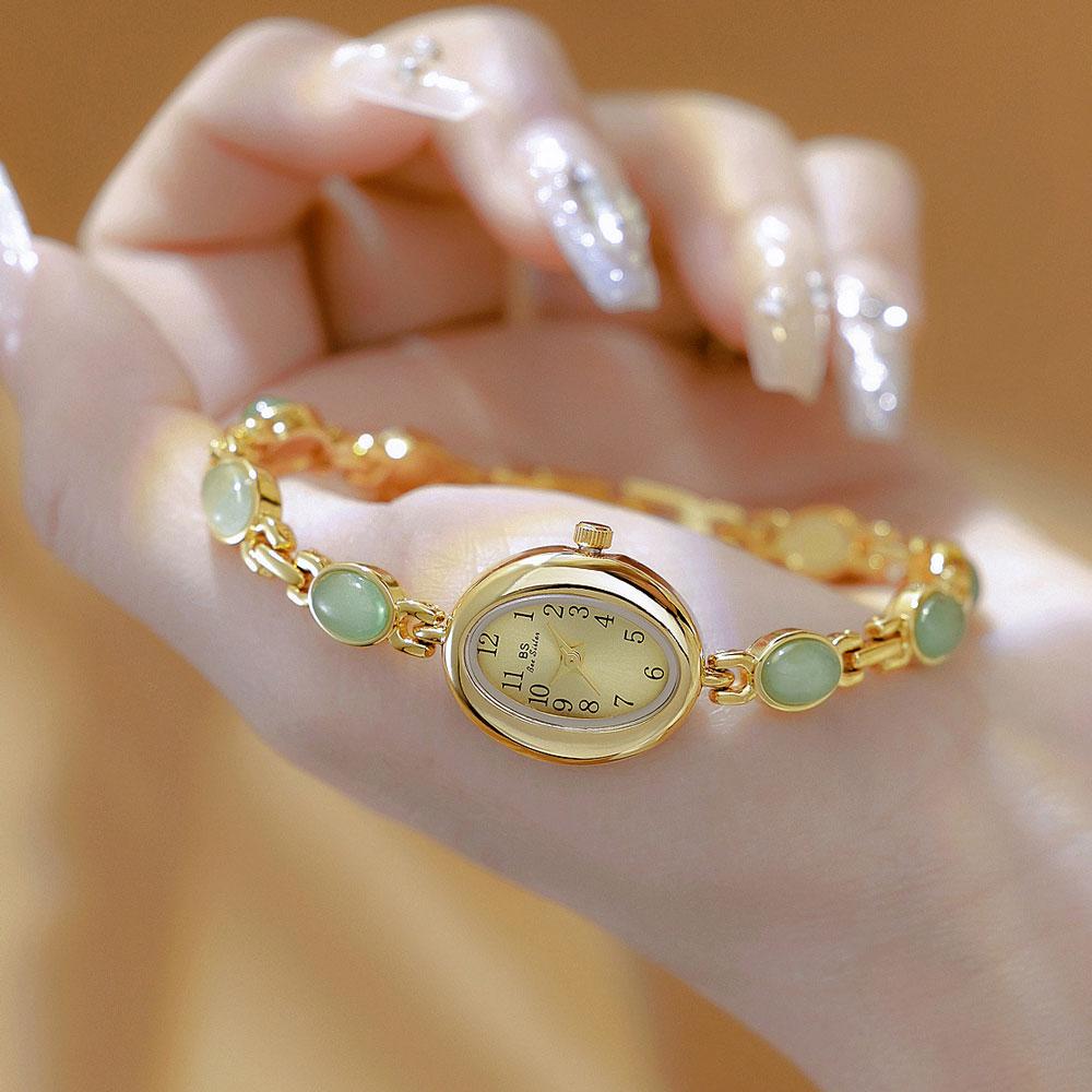 Luxury Gold Women Watches Natural Color Jade Bracelet Women's Quartz Wristwatch Small Oval Dial Fashion Dress Watch Gifts