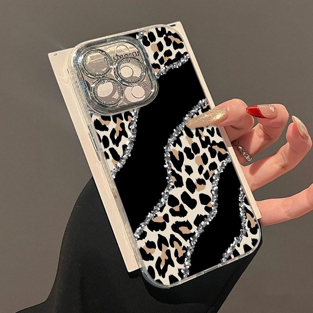 Glitter Leopard Print Printed Glacier Texture Case For iPhone 17 Air 16 15 14 13 12 11 Pro Max 8 Plus Glass Lens Protector Cover