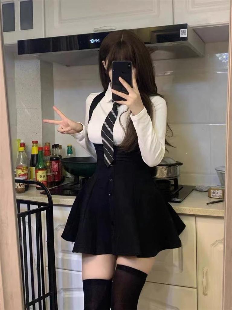 Dress Set for Top and Landmine Long or Short White Ribbon and Suspender School Harajuku Fall Photo [SDSXZWG] Mass-Produced Women, Bottoms, Tie, Style,