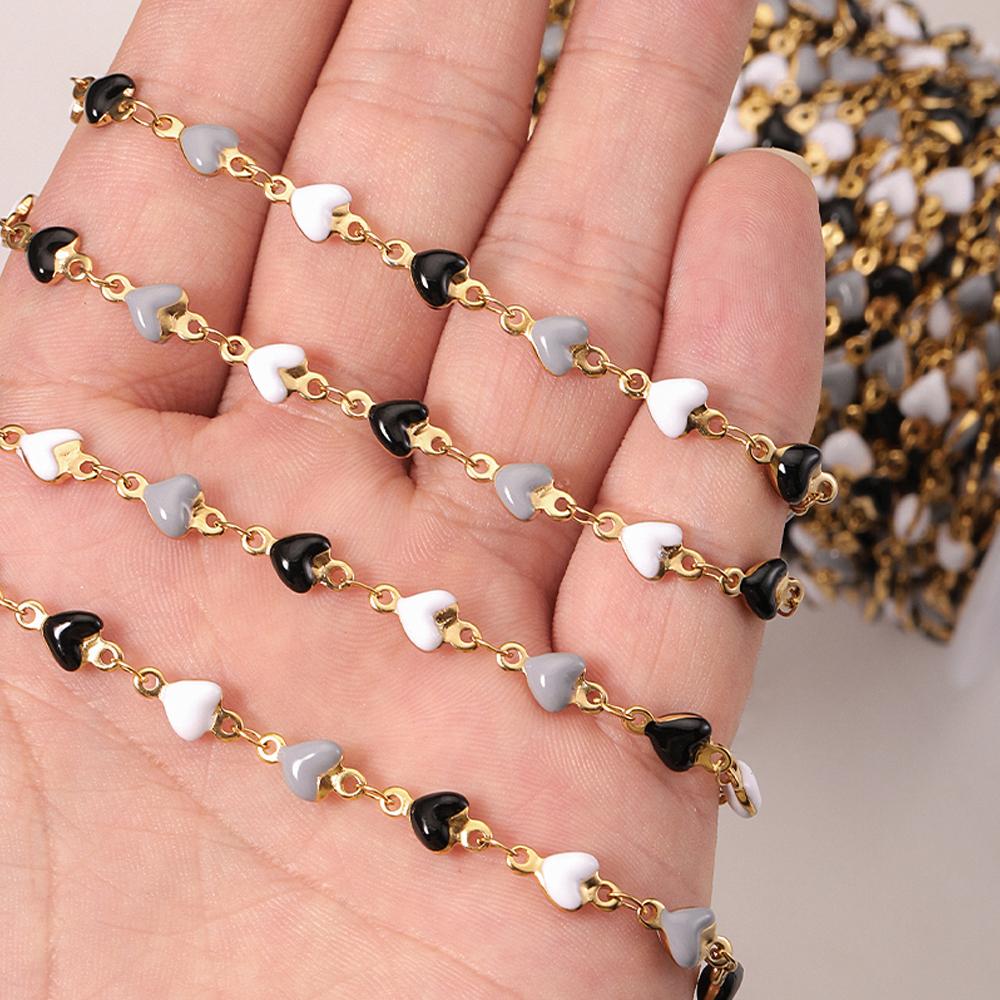 1meter Stainless Steel Enamel Black White Gray Love Heart Beads Chains for Necklace Bracelet Sweater Jewelry Making DIY