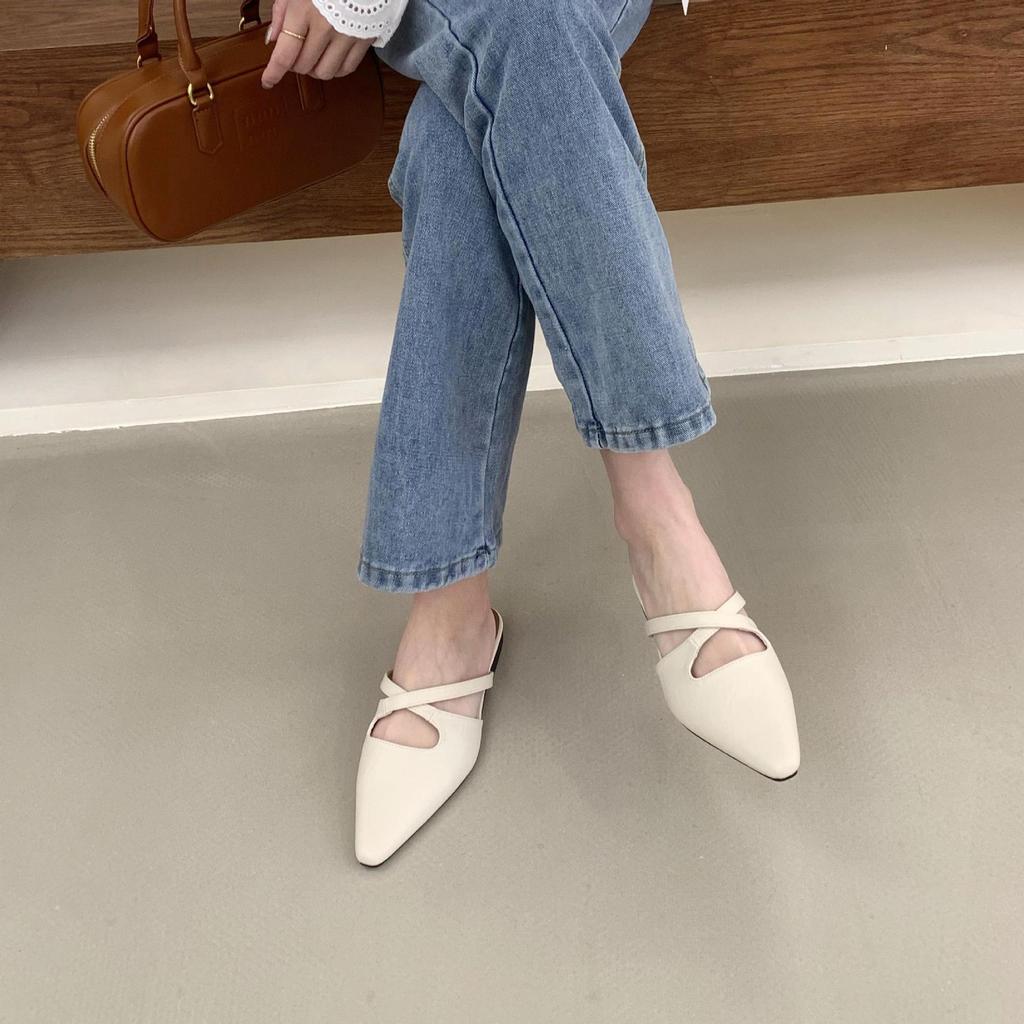 French retro flat-bottomed pointed head bag head half slippers women's shoes wear 2025 summer pointed head lazy cool slippers women