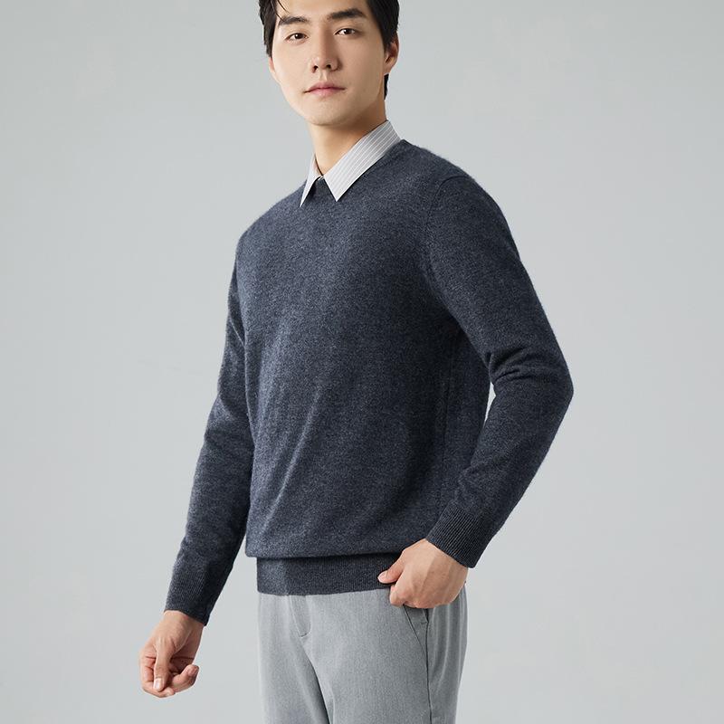 Crew neck cashmere shirt men's loose solid color sweater pullover with bottom knitted wool sweater