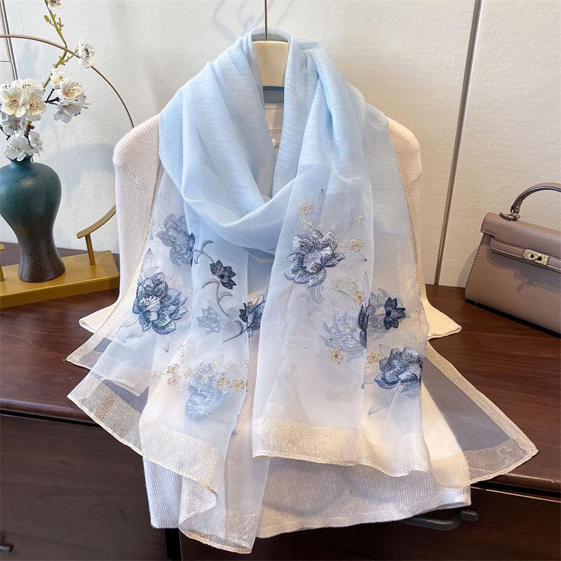 Elegant Long Embroidered Silk Feeling Scarf Women'S Fashion Spring New Style Shawl Wrap Outerwear Trendy Floral Pattern Stylish