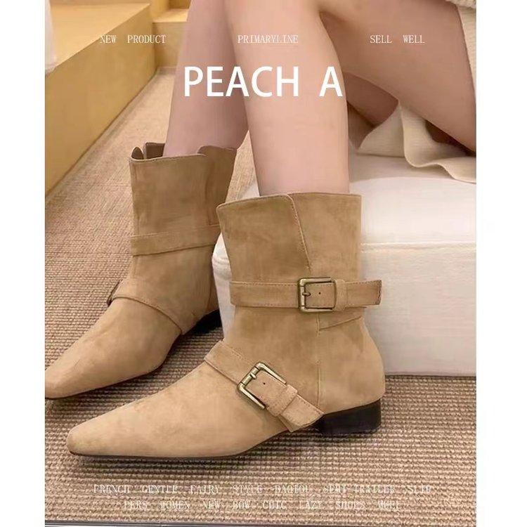 New Fashion Design Khaki Suede Leather Buckle Strap Pointed Toe Boss Boots Punk Style Goth Square Heel Women Shoes