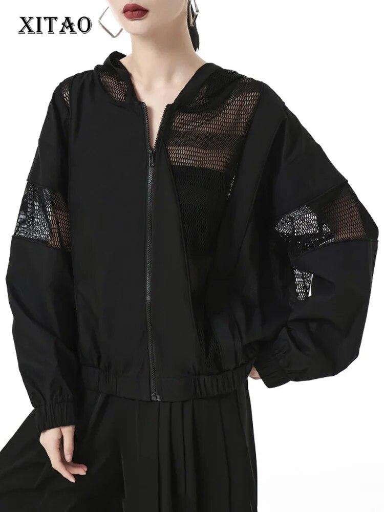 

XITAO ажурная женская рубашка из сетчатой ​​ткани с капюшоном, модный свободный женский топ HQQ2002