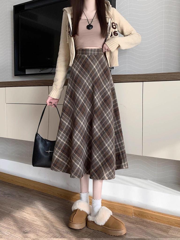Women's High Waist Plaid Woolen A-line Skirt - Autumn/Winter 2025 Mid-length Umbrella Style